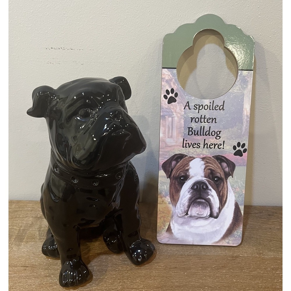 Bulldog 8"‎ Glossy Figurine & "Spoiled Rotten Bulldog" Sign Dog Lover Gift Set